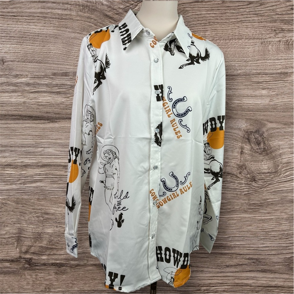 Marigold Kiss Women's Retro Cowgirl Print Snap Button Up Shirt Beige Rodeo MK434